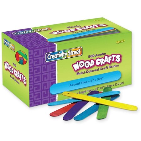 CREATIVITY STREET Craft Sticks, Wood, Jumbo, 6"x3/4"x2mm, 500/BX, AST PK PAC377602